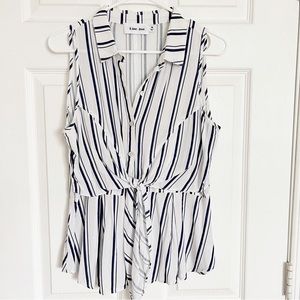 Line & Dot | Sleeveless Stripped Collared Belted Botton Up Top